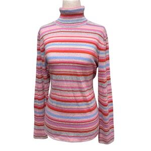 Benetton Cashmere Wool Blend Striped Turtleneck Sweater Size L Colorful